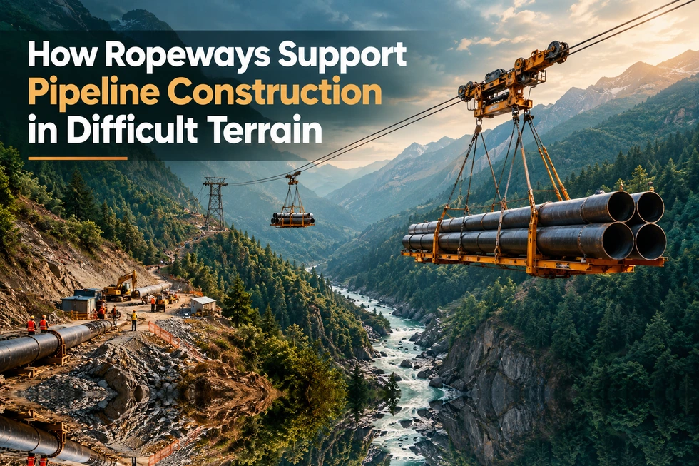 Ropeway transporting steel pipes across a mountainous valley for pipeline construction in difficult terrain.