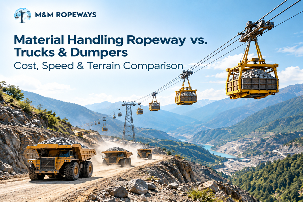 M&M Ropeways material handling ropeway transporting mined rock across rugged mountainous terrain above heavy dump trucks, illustrating the differences between ropeway and truck-based material transportation.